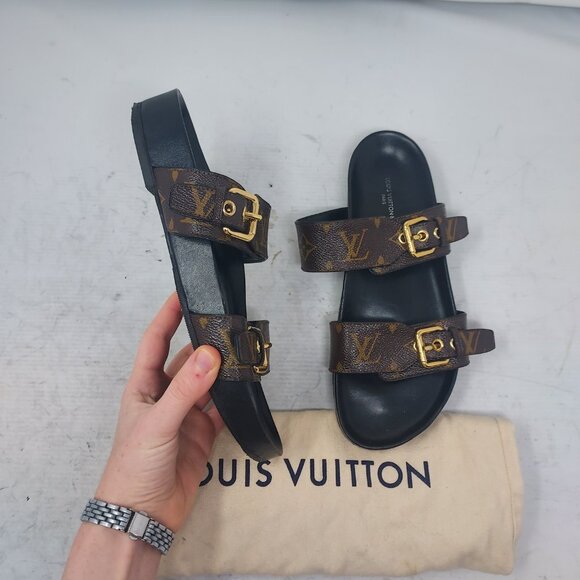 Louis Vuitton Brown Buckle Bom Dia Monogram Flat Slide Sandal - Picture 9 of 13
